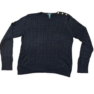 Lauren Ralph Lauren Black Cable Knit Shoulder Button Sweater Womens XL